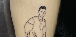 Student lässt sich „Synthol Freak“ Kirill Tereshin auf Schienbein tätowieren Kirill Tereshin Tattoo